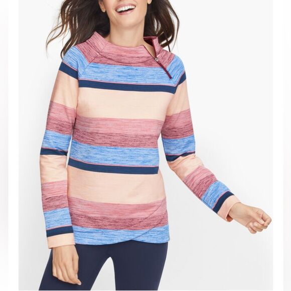 T by Talbots Zip Mockneck Long Sleeve Cotton Blend Pullover in Multi Stripe - 1X - Picture 1 of 7